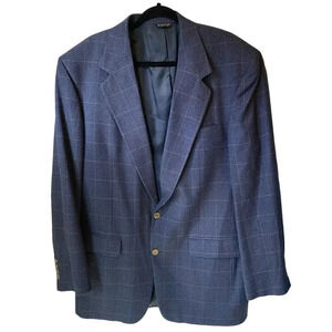 Men’s 2Button Blazer Jacket Sz 44L Pure Silk Plaid Houndstooth Blue Gray Pocket